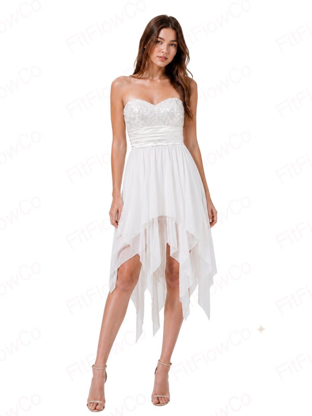 B. Darling White Strapless Sequin High Low Chiffon Dress Juniors 3/4 NWOT